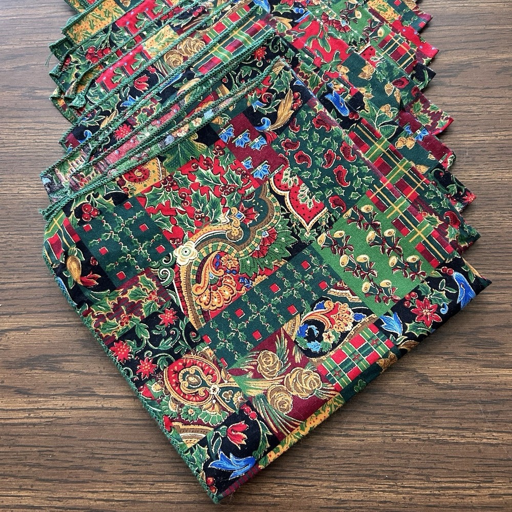 Vintage Handmade Christmas Cloth‎ Napkins Set Of 12 Holly Tartan Paisley 16x16